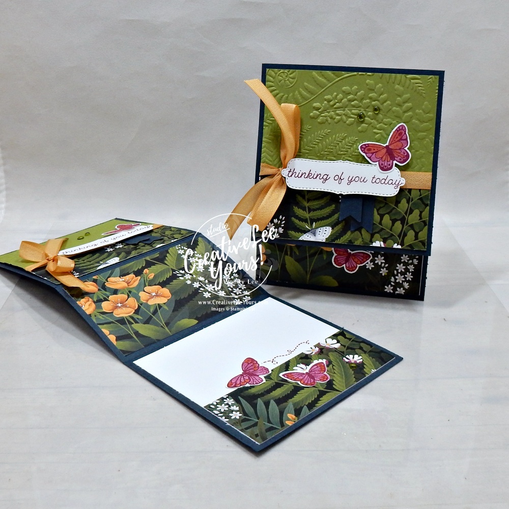 Vertical Z Fold handmade butterfly card featuring the All Aflutter Bundle and Moonlit Flora Designer Series Paper with embossed background and layered butterflies.