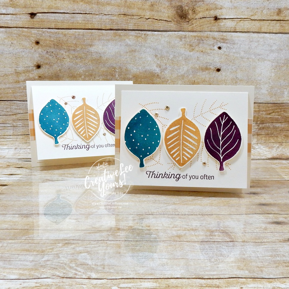 pinit Handmade stamped leaf card featuring a custom stamped background created with the Simply Leaves Stamp & Punch Bundle from Stampin' Up!