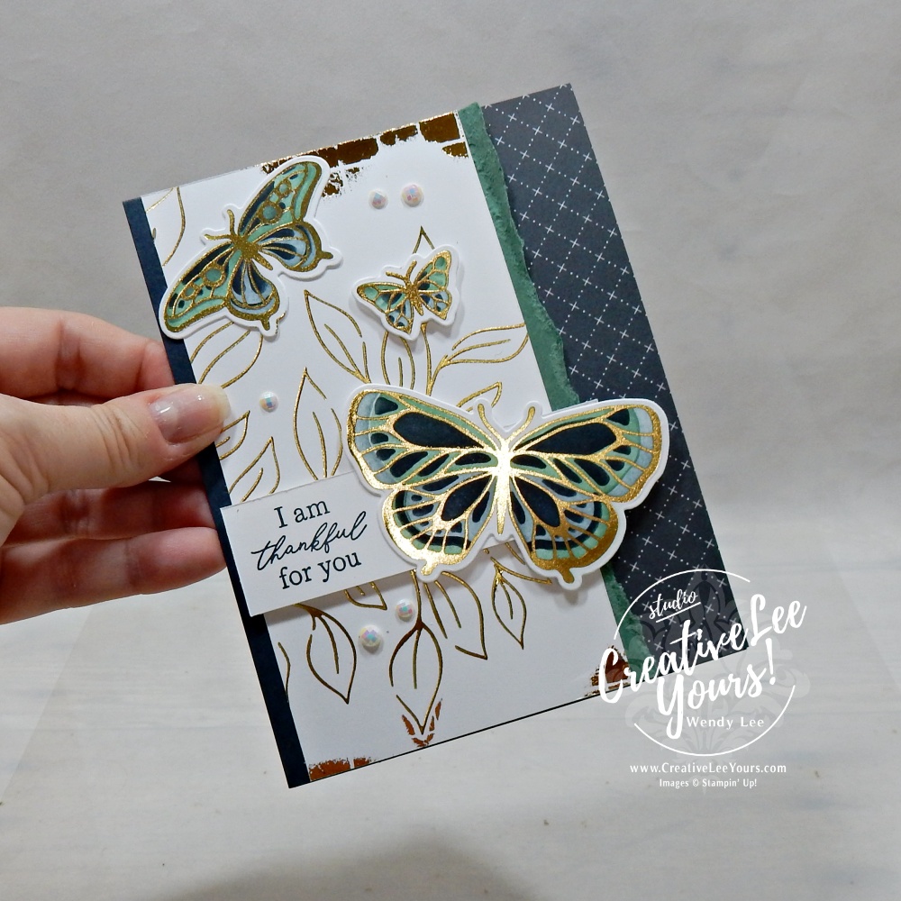 Handmade butterfly greeting card showcasing Stampin' Up!'s Hot Foil System with metallic butterflies and embossed textures.