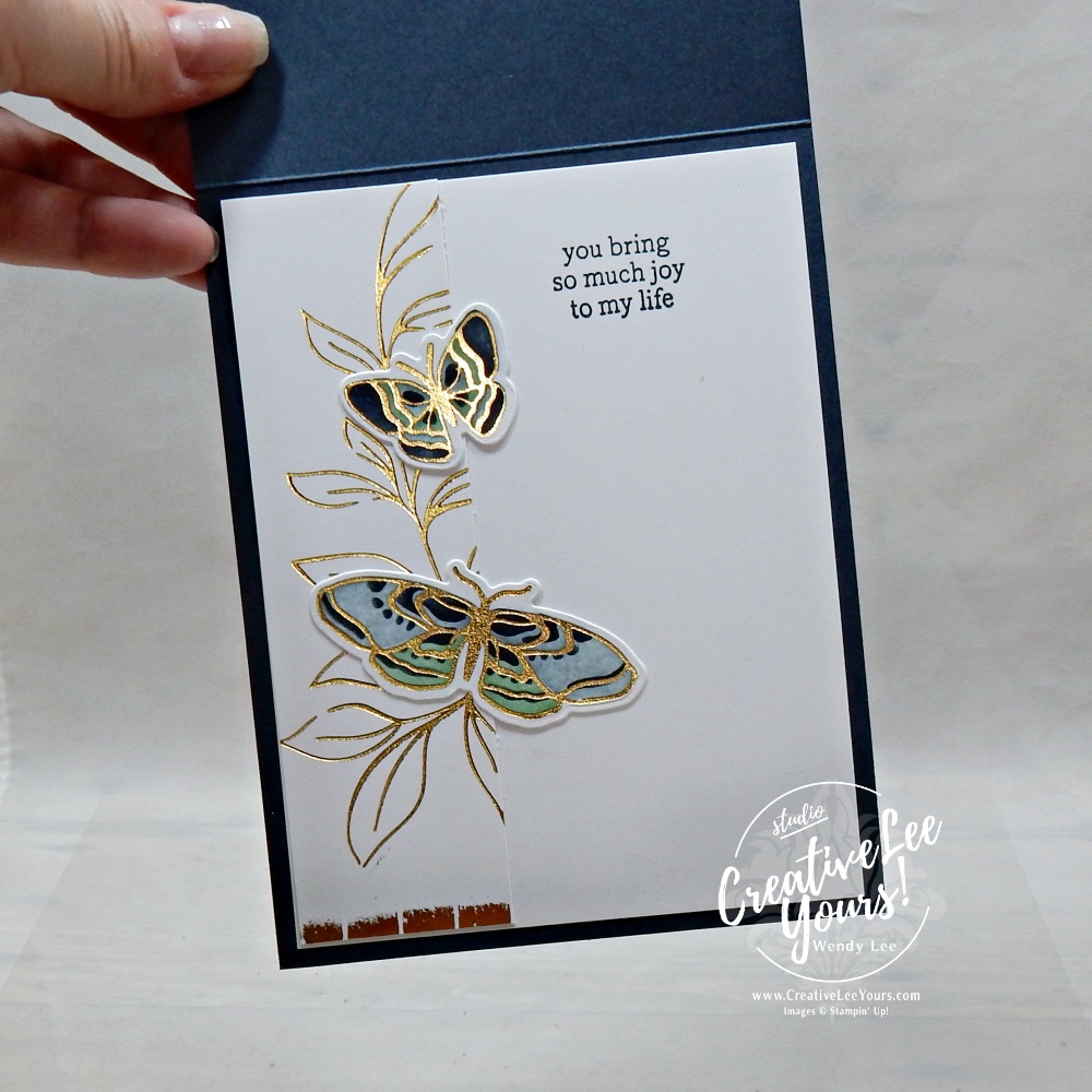 Handmade butterfly greeting card showcasing Stampin' Up!'s Hot Foil System with metallic butterflies and embossed textures.