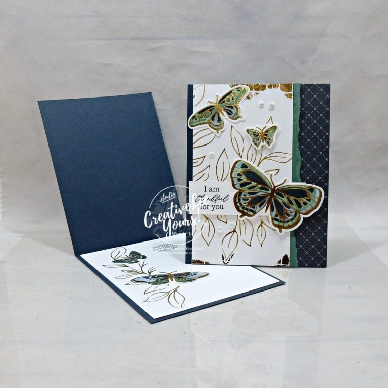 Elegant handmade butterfly card featuring metallic hot foil butterflies, embossed background, layered greenery, and Hot Foil accents.