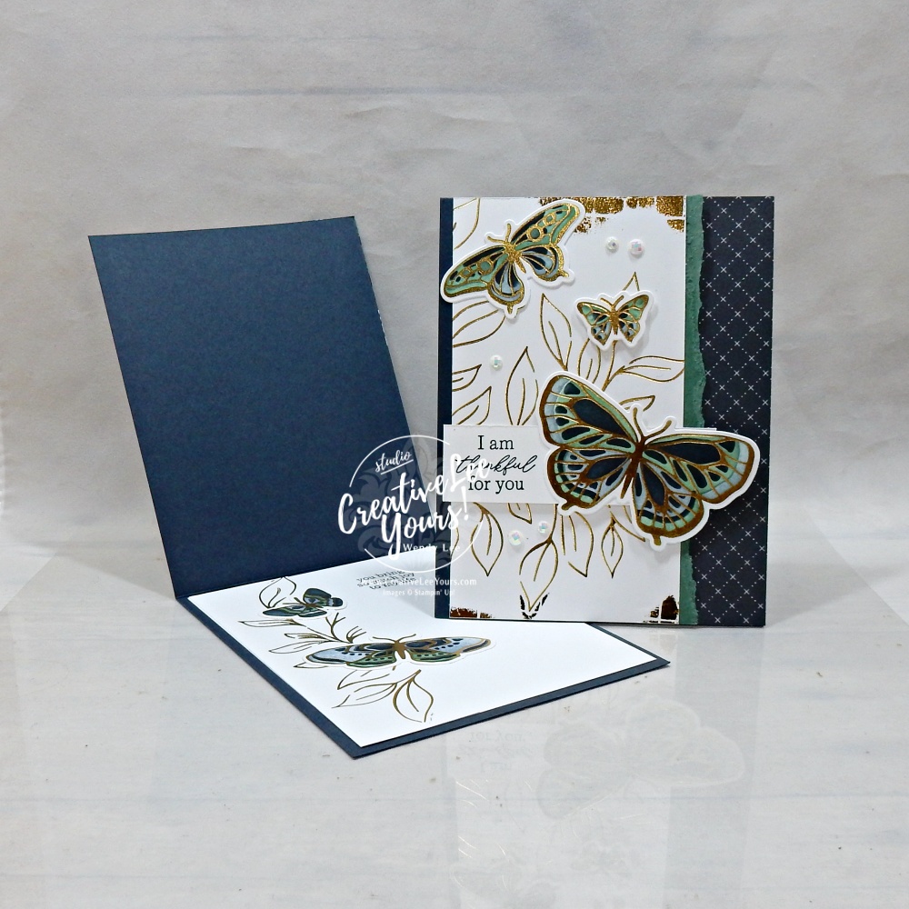 Elegant handmade butterfly card featuring metallic hot foil butterflies, embossed background, layered greenery, and Hot Foil accents.