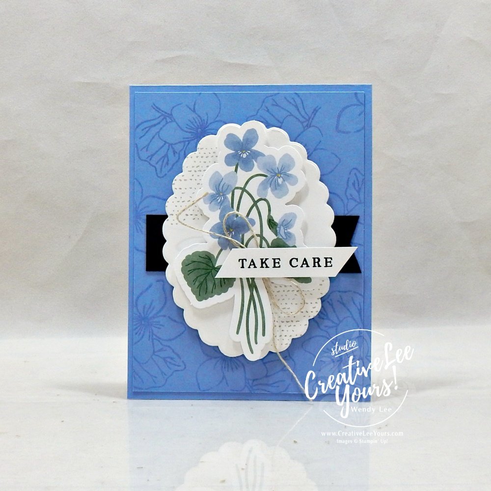 Handmade Hydrangea Hue floral greeting card featuring tone-on-tone stamping, layered ephemera, and the Framed Violets Bundle.