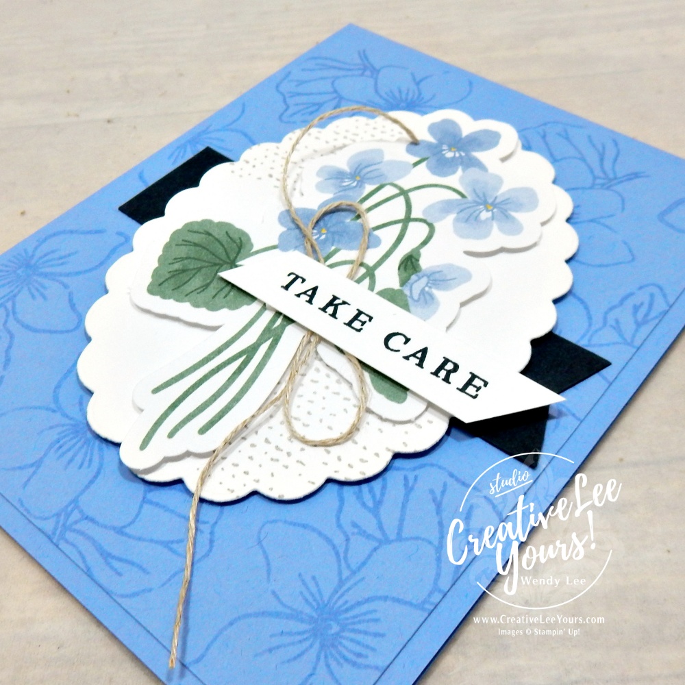 Handmade Hydrangea Hue floral greeting card featuring tone-on-tone stamping, layered ephemera, and the Framed Violets Bundle.