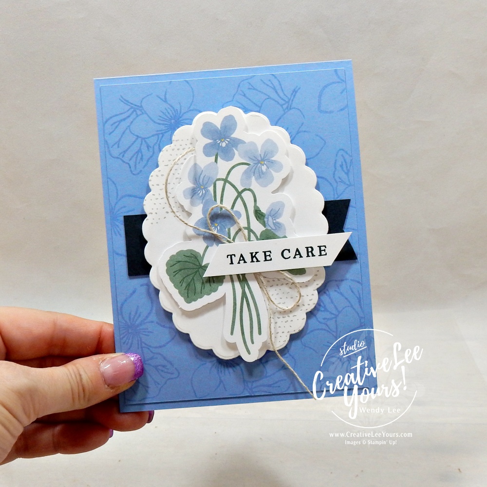 Handmade Hydrangea Hue floral greeting card featuring tone-on-tone stamping, layered ephemera, and the Framed Violets Bundle.