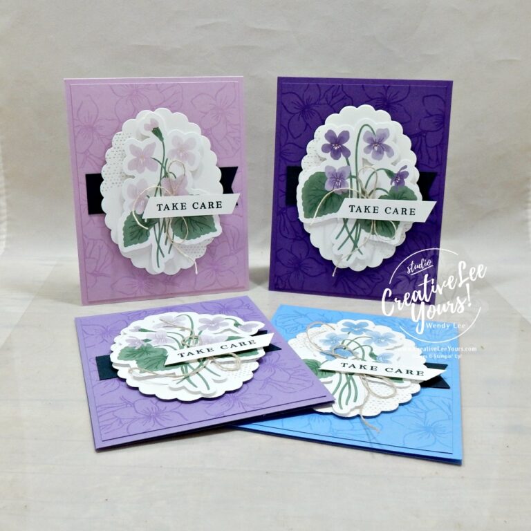 Four handmade purple floral greeting cards featuring the Stampin' Up! Framed Violets Bundle in four monochromatic color combinations.