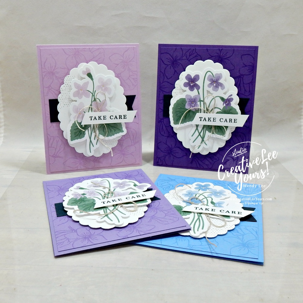 Four handmade purple floral greeting cards featuring the Stampin' Up! Framed Violets Bundle in four monochromatic color combinations.