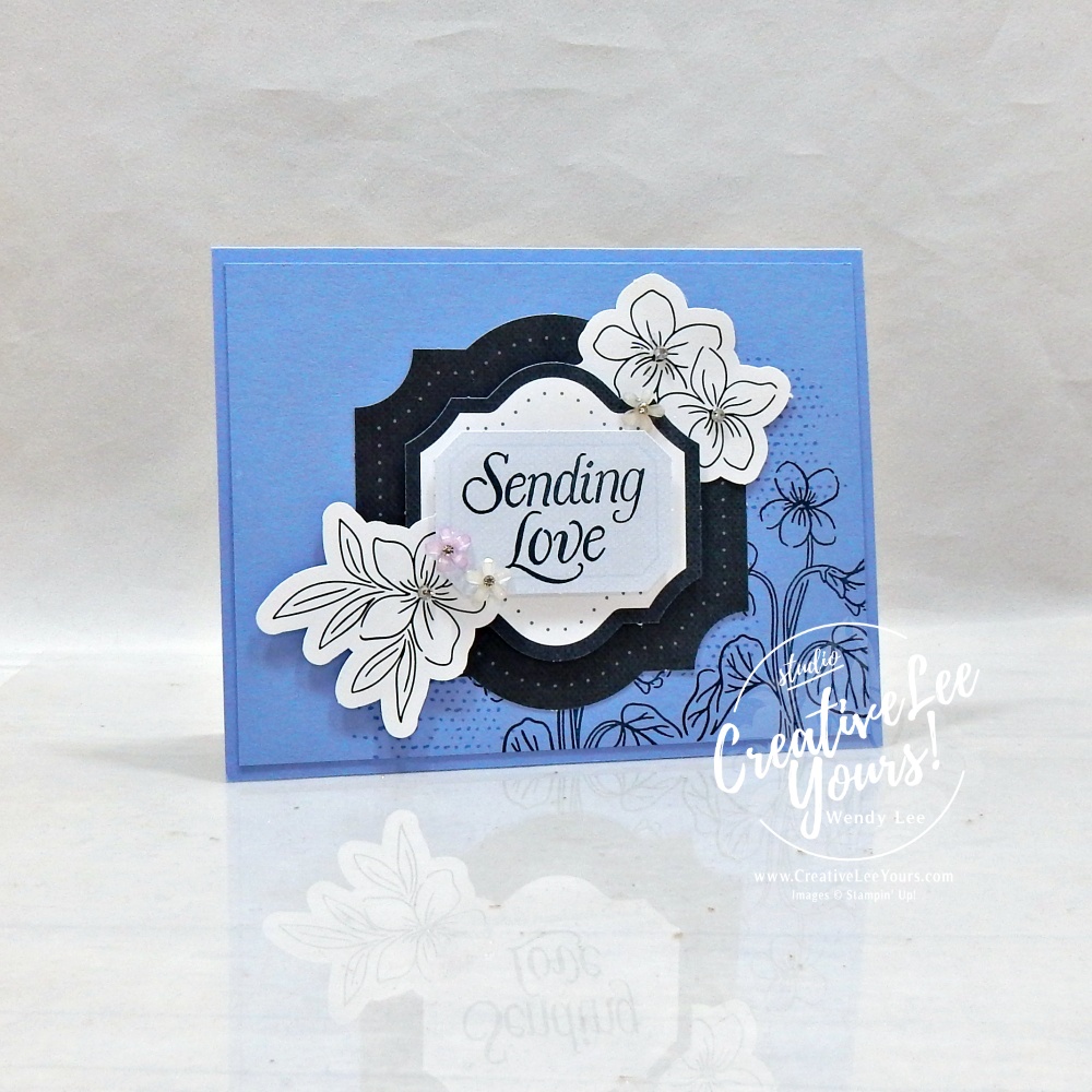 Easy handmade card in Hydrangea Hue with layered floral ephemera and Sending Love sentiment
