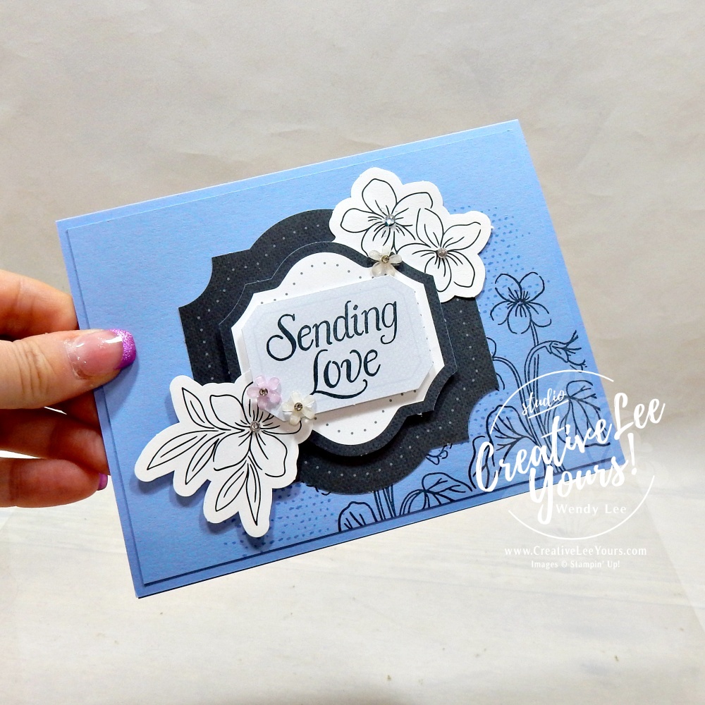 Easy handmade card in Hydrangea Hue with layered floral ephemera and Sending Love sentiment