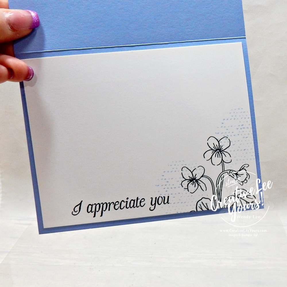 Inside of Hydrangea Hue handmade card with floral stamping and I appreciate you sentiment