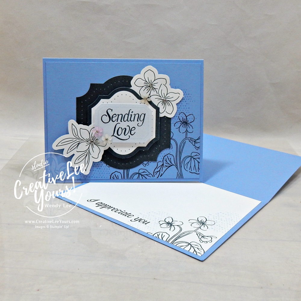 Easy handmade card in Hydrangea Hue with layered floral ephemera and Sending Love sentiment