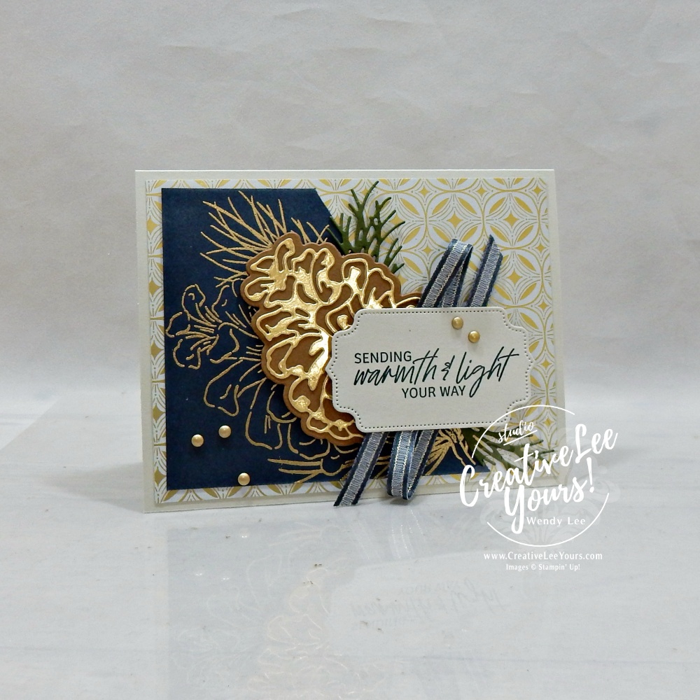 Elegant pinecone card with Frosted Pinecones, Secret Sea cardstock, gold accents and Neutral Noel Designer Series Paper