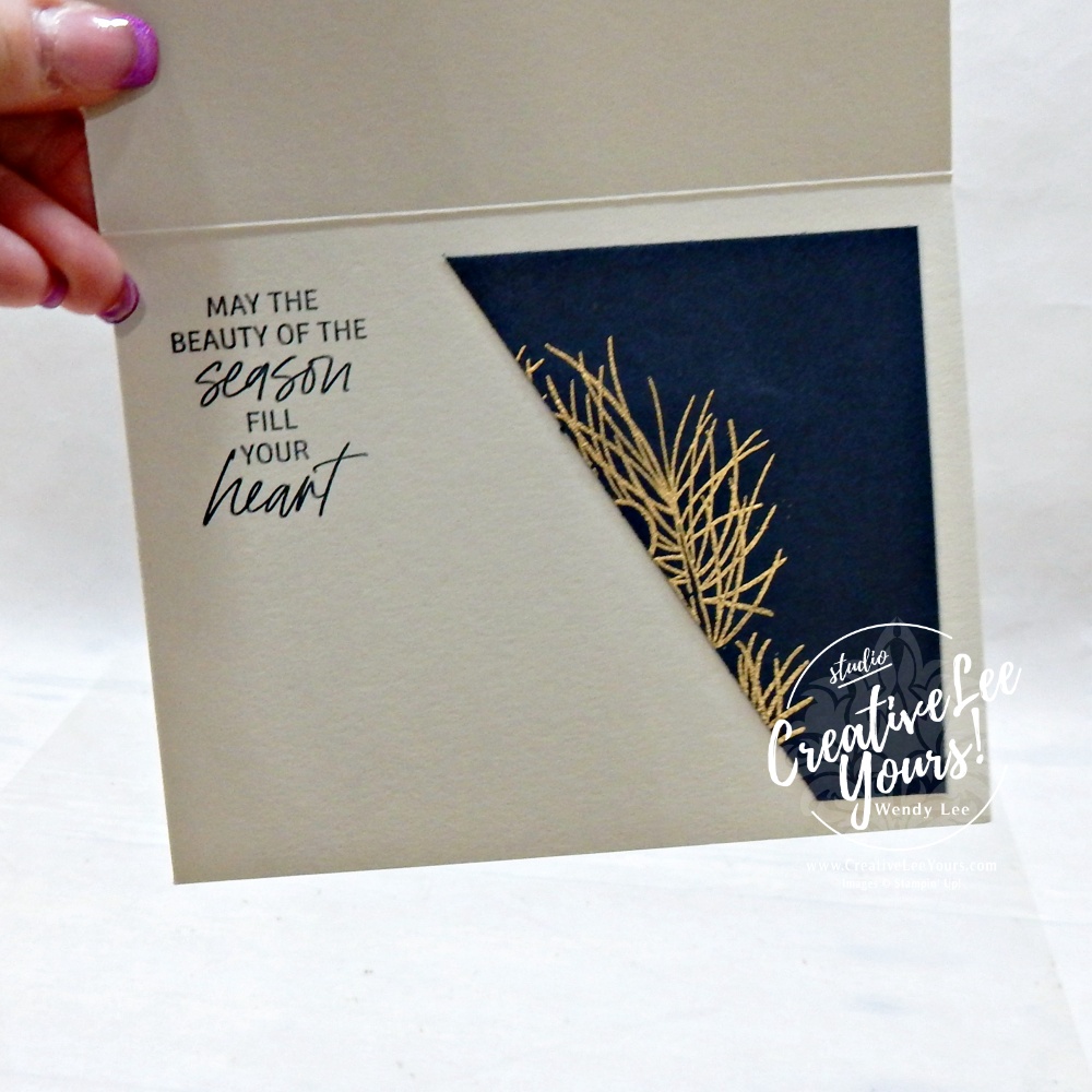 Inside of handmade pinecone card with Secret Sea and gold pine branch detail and seasonal sentiment