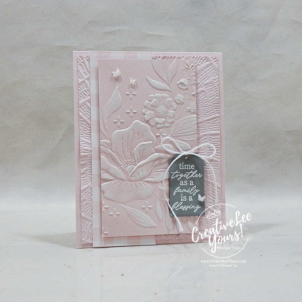 Barely Blush handmade card featuring white ink highlighted floral embossing and a heat embossed sentiment