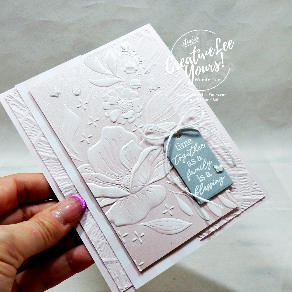 Floral Spray 3D embossed Barely Blush cardstock highlighted with white craft ink