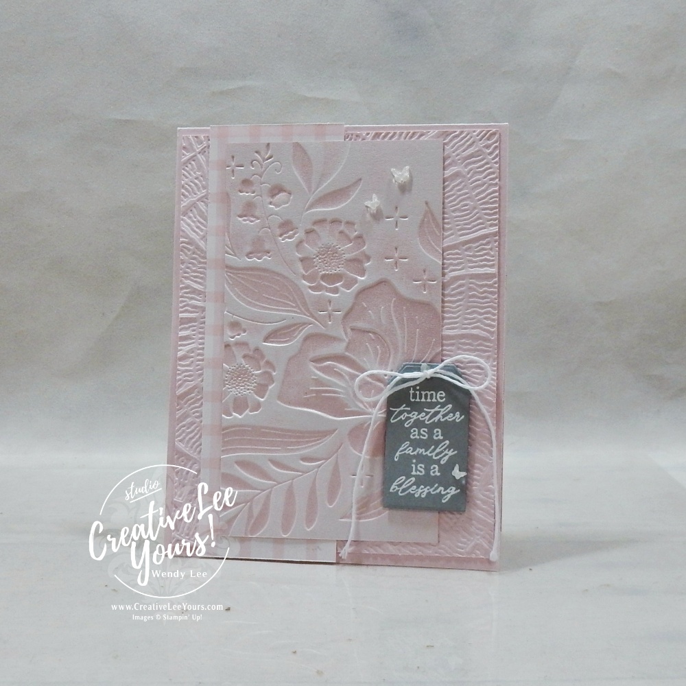 Barely Blush handmade card featuring white ink highlighted floral embossing and a heat embossed sentiment