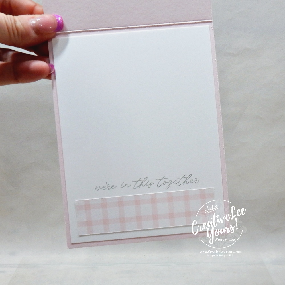Inside of Barely Blush handmade card with Basic White layer, gingham paper strip and stamped sentiment
