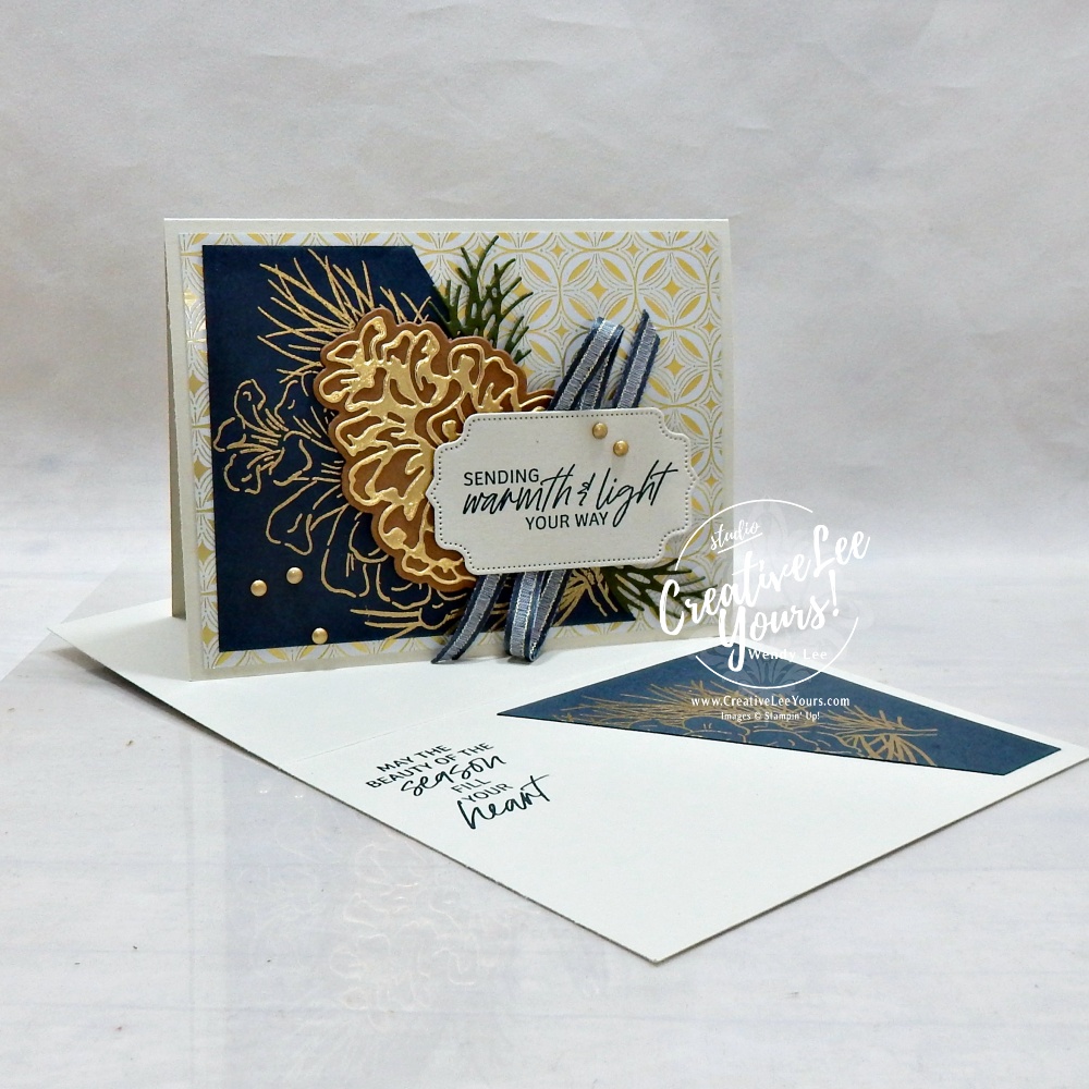 Elegant pinecone card with Frosted Pinecones, Secret Sea cardstock, gold accents and Neutral Noel Designer Series Paper