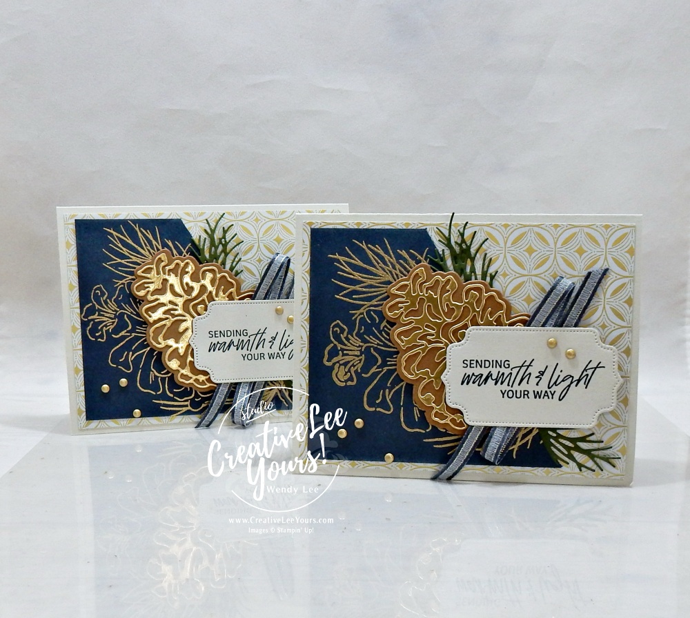 Elegant pinecone card with Frosted Pinecones, Secret Sea cardstock, gold accents and Neutral Noel Designer Series Paper