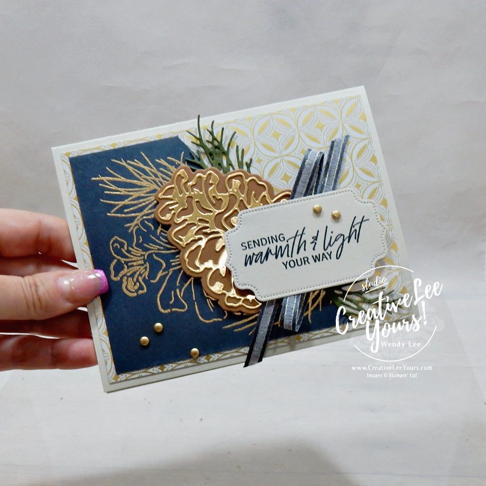 Elegant pinecone card with Frosted Pinecones, Secret Sea cardstock, gold accents and Neutral Noel Designer Series Paper