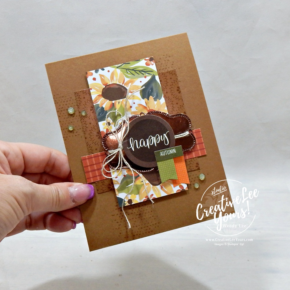 Layered sunflower card focal point with patterned paper, metallic label, Linen Thread and sentiment stickers