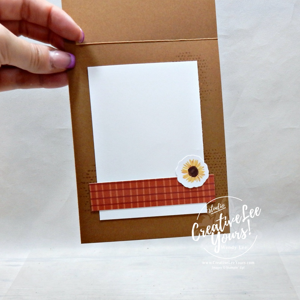 Inside of handmade sunflower card decorated with plaid Designer Series Paper and sunflower sticker