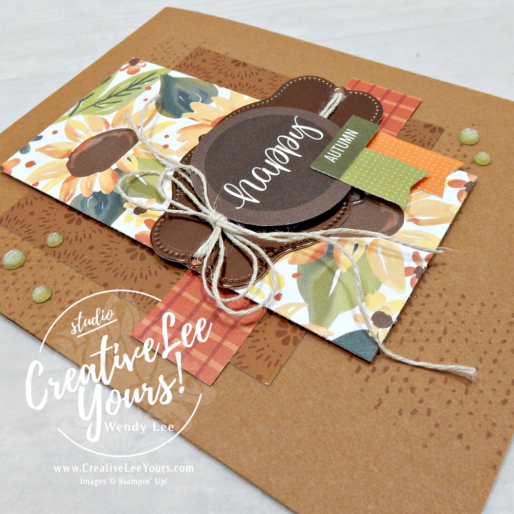 Layered sunflower card focal point with patterned paper, metallic label, Linen Thread and sentiment stickers