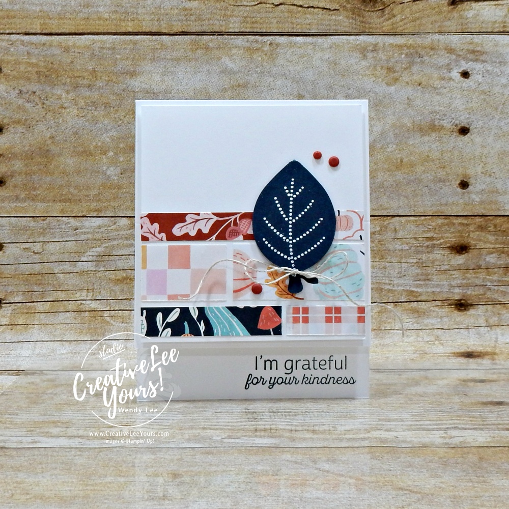Handmade DSP strips card featuring Stampin' Up! Simply Leaves and Painted Patch Designer Series Paper