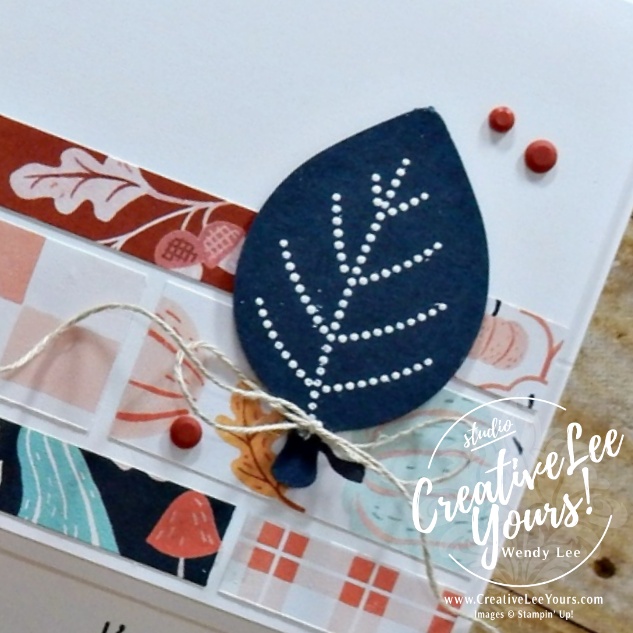 Secret Sea punched leaf with white heat-embossed veins and Linen Thread bow