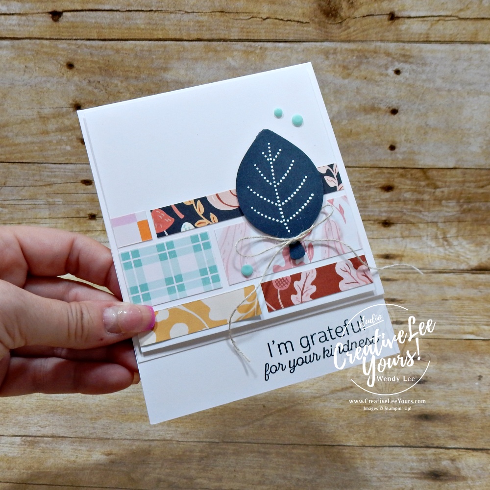 Handmade DSP strips card featuring Stampin' Up! Simply Leaves and Painted Patch Designer Series Paper