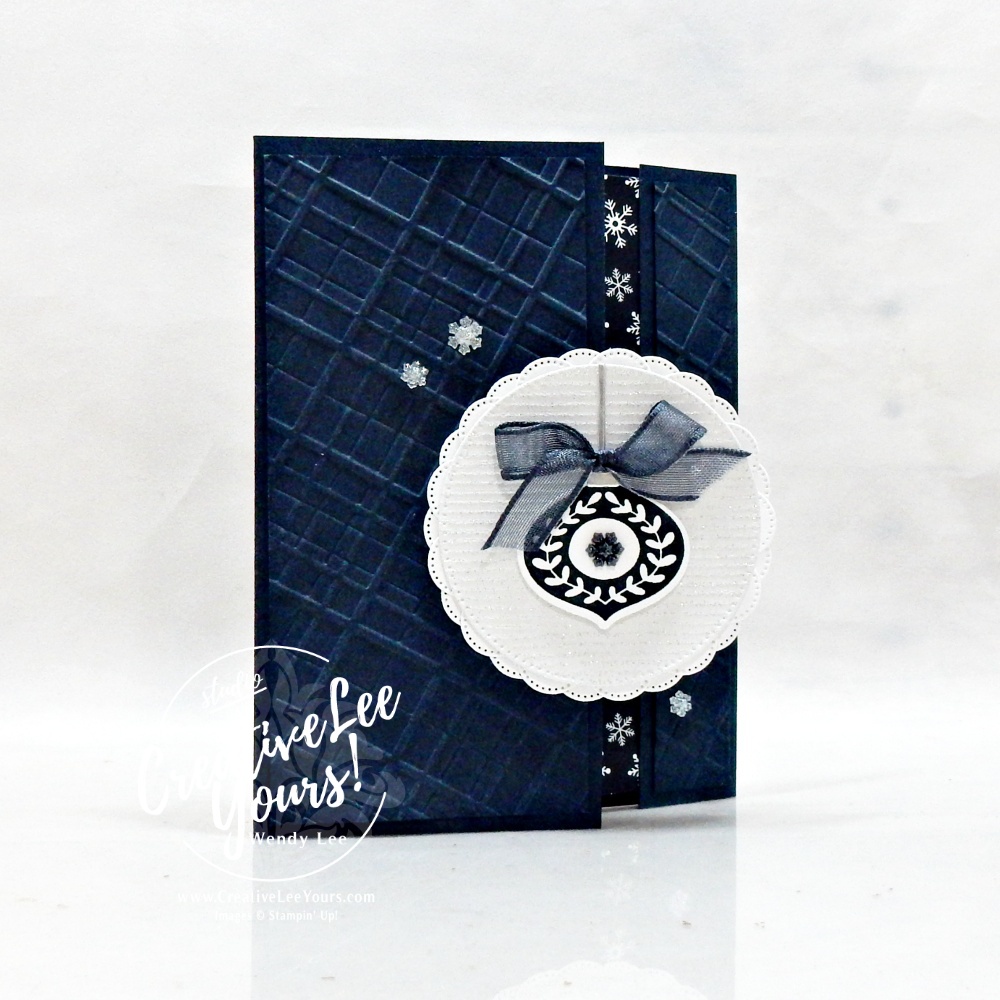 Easy Christmas fun fold card in Secret Sea with snowflake patterned paper and ornament focal point
