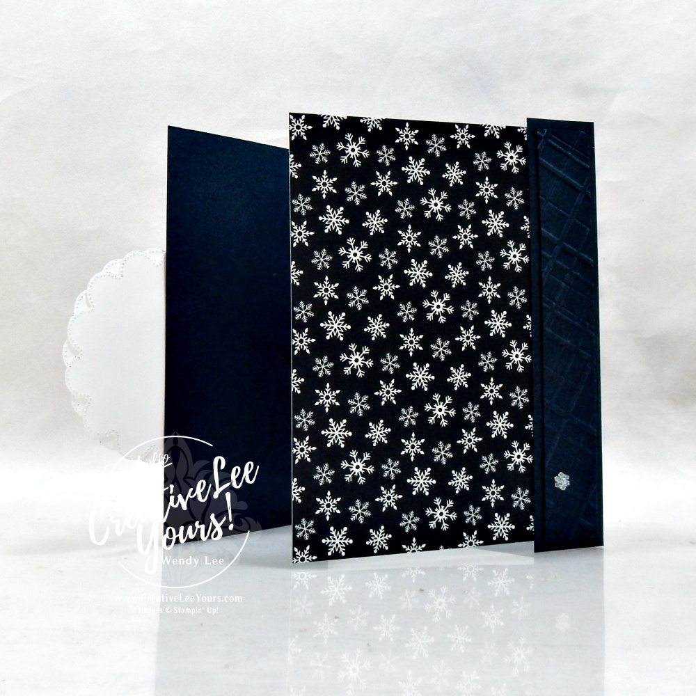 Open Christmas fun fold card showing snowflake Designer Series Paper and decorated inside panel