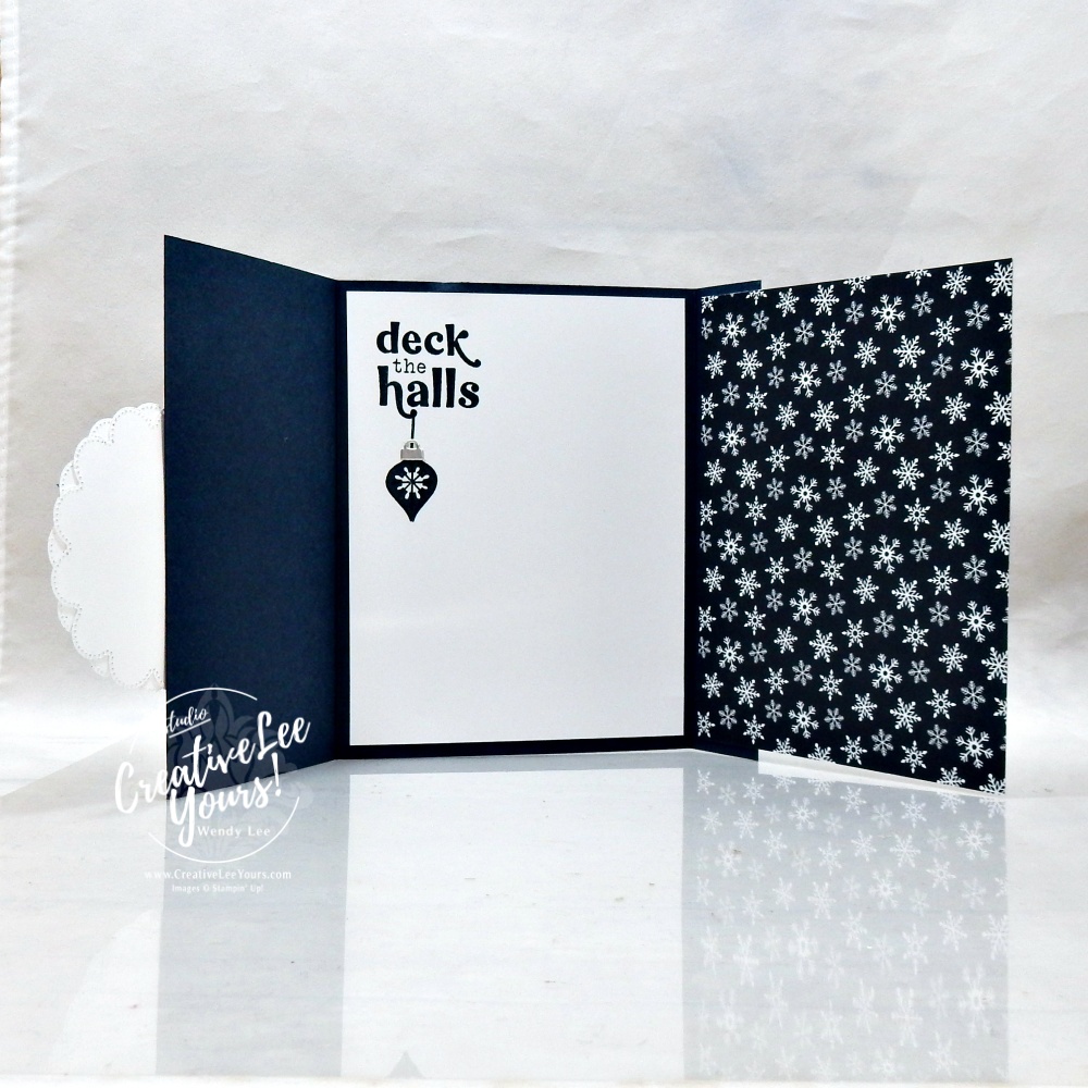 Open Christmas fun fold card showing snowflake Designer Series Paper and decorated inside panel