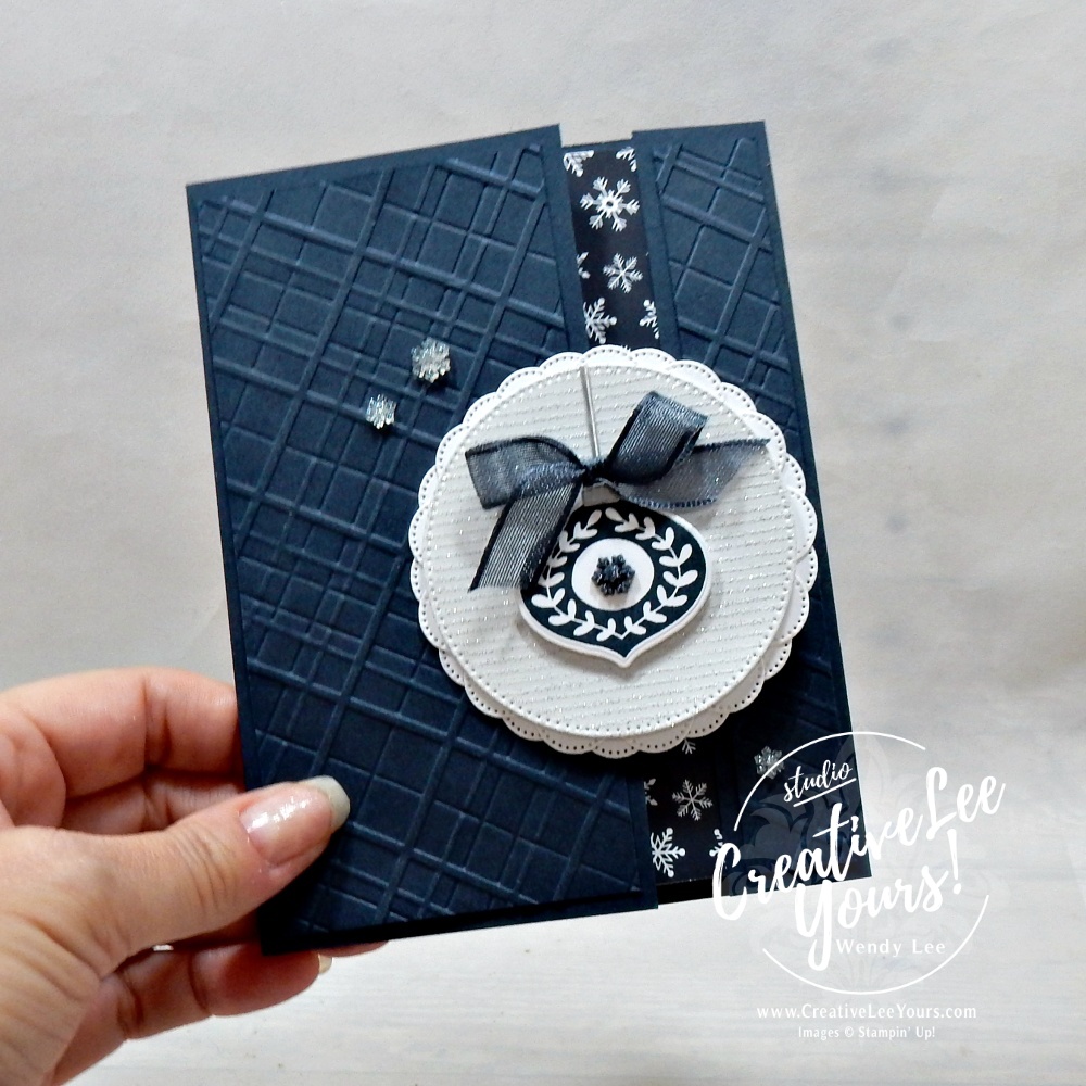 Easy Christmas fun fold card in Secret Sea with snowflake patterned paper and ornament focal point