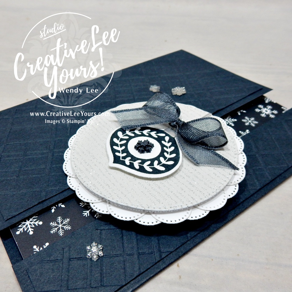 Easy Christmas fun fold card in Secret Sea with snowflake patterned paper and ornament focal point