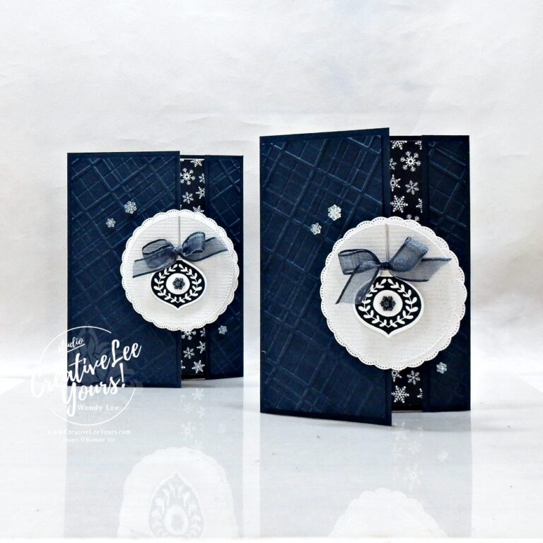 Easy Christmas fun fold card in Secret Sea with snowflake patterned paper and ornament focal point