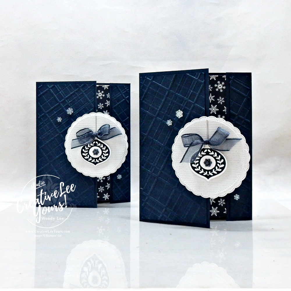 Easy Christmas fun fold card in Secret Sea with snowflake patterned paper and ornament focal point