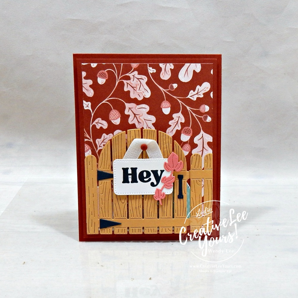Painted Patch fall card with Golden Glow gate and hanging sentiment sign