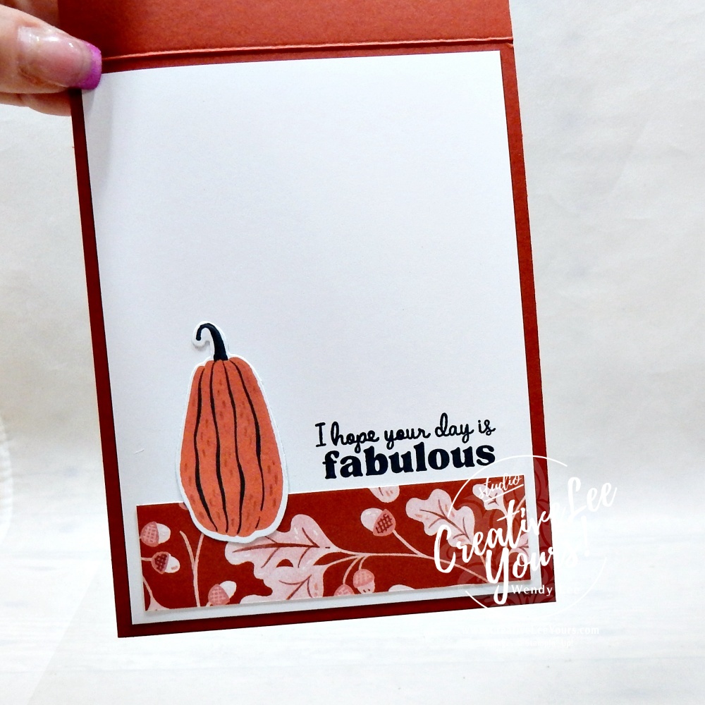 Inside of Painted Patch fall card decorated with leftover Designer Series Paper strip and pumpkin