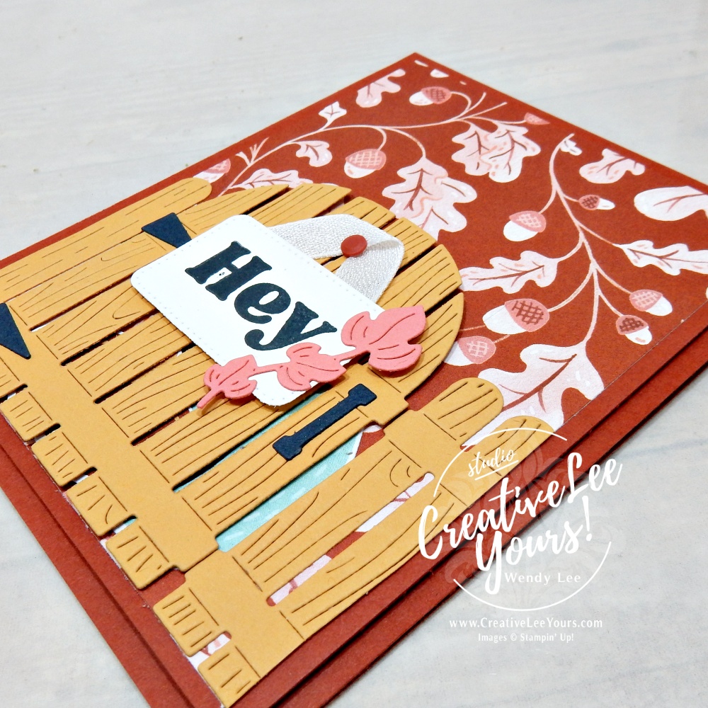 Close-up of handmade Painted Patch gate card with die-cut gate, ribbon sign and fall details