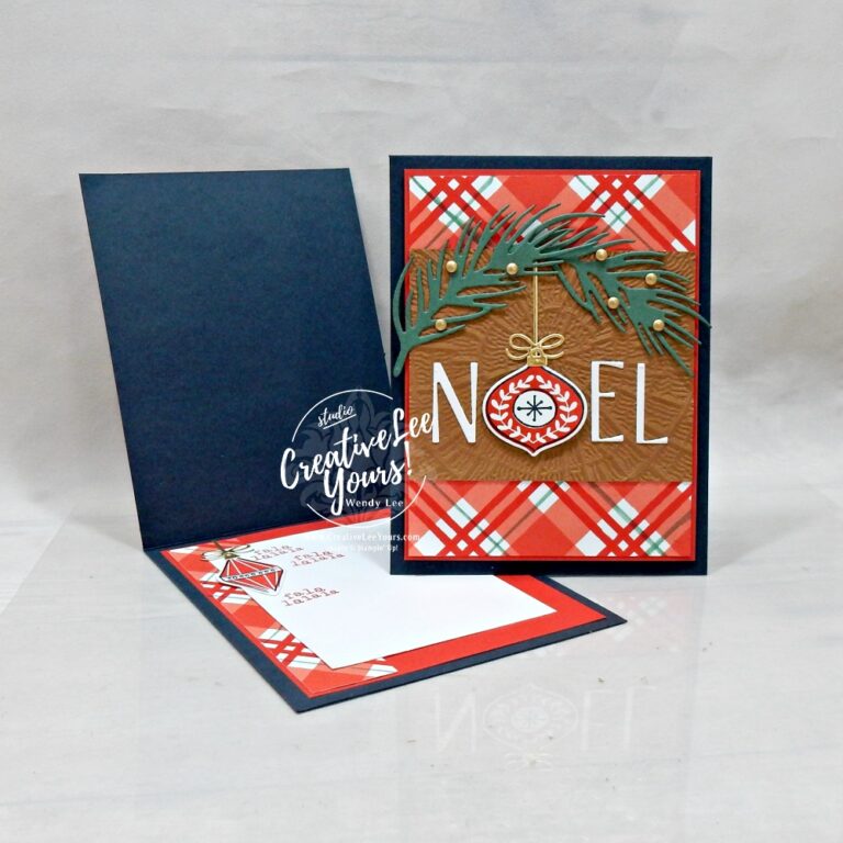 Handmade NOEL Christmas card displayed open and closed to show the finished front and decorated interior.
