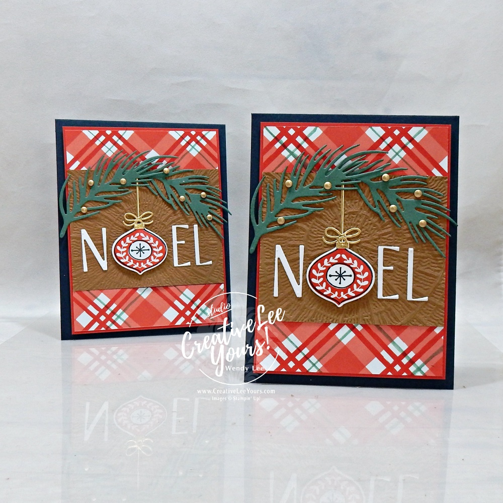 Handmade NOEL Christmas card featuring an ornament in place of the letter O, with plaid patterned paper and greenery.